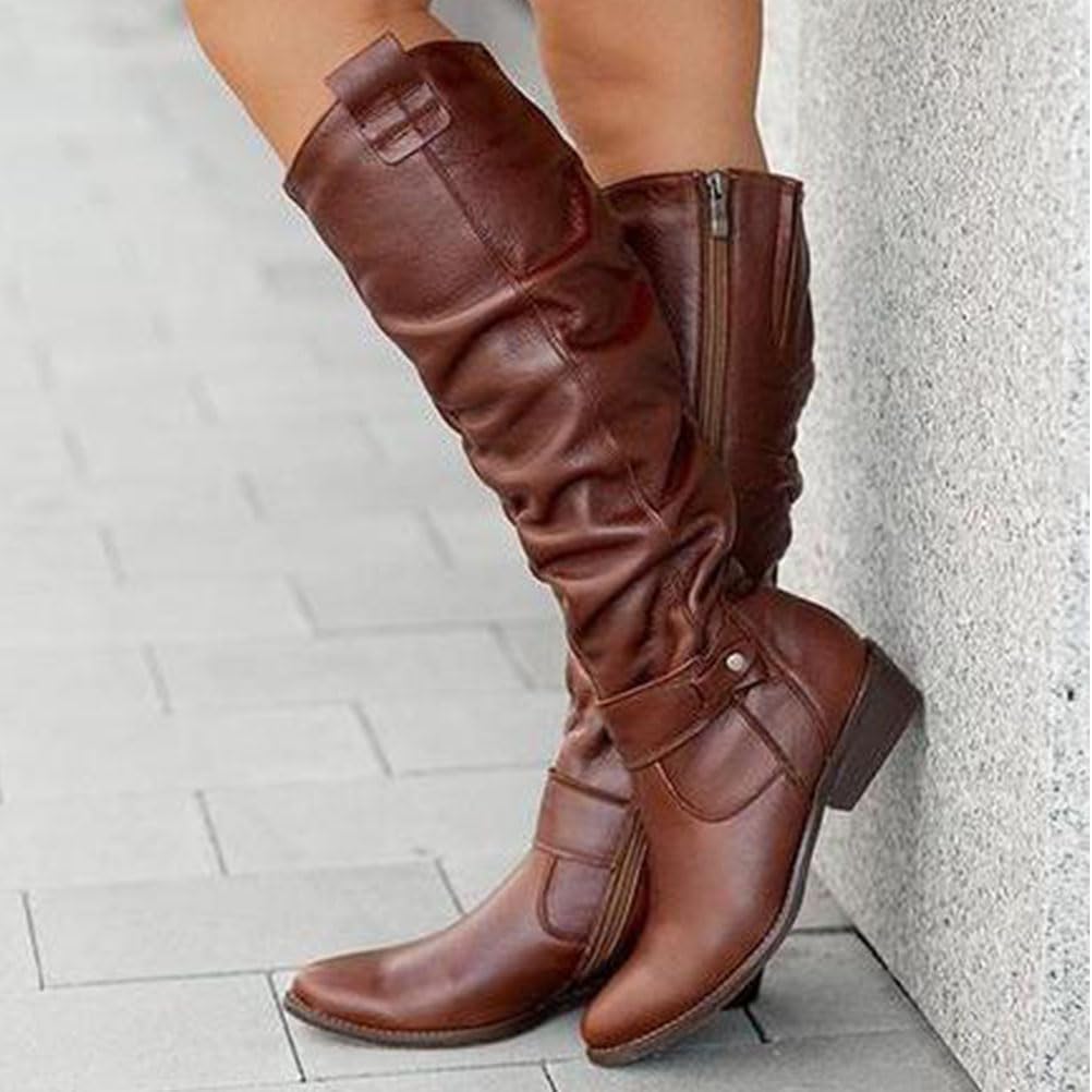Sued Flat Boot With Side Zipper Round Toe Low Heel Tall Riding Combat Wide Width Boots Pull On Vintage Leather Long Sexy Dress Ladies Booties - Image 2