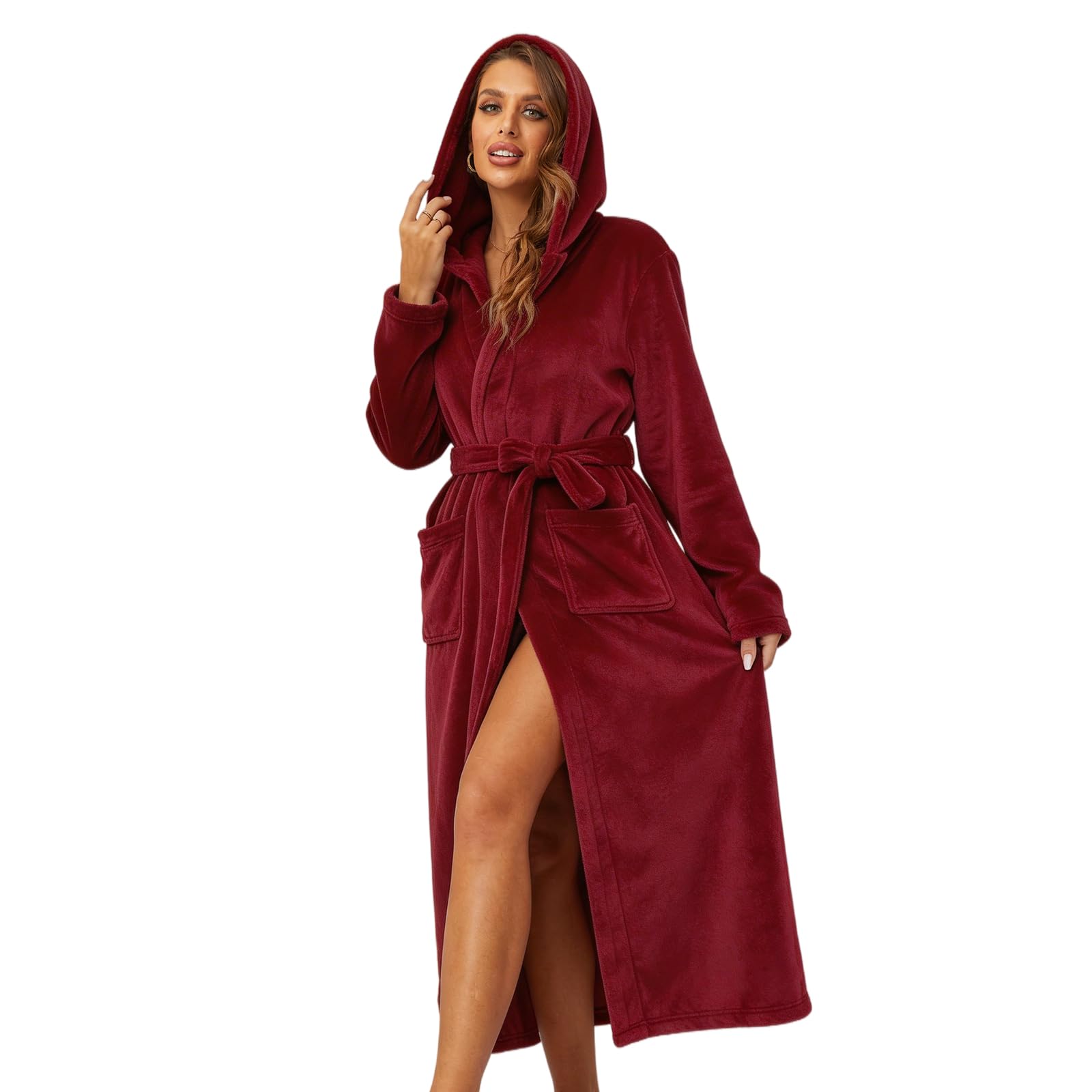 RONGTAI Womens Robes Plush Fleece Burgundy Hooded Bathrobe Thick Nightgown with Pockets Fluffy Sleepwear Small