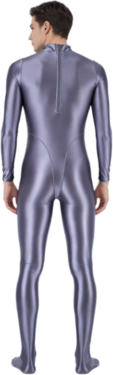 Sholeno Men's Footed Full Body Bodysuit Glossy Mock Neck Long Sleeve Rash Guard for Surfing Workout