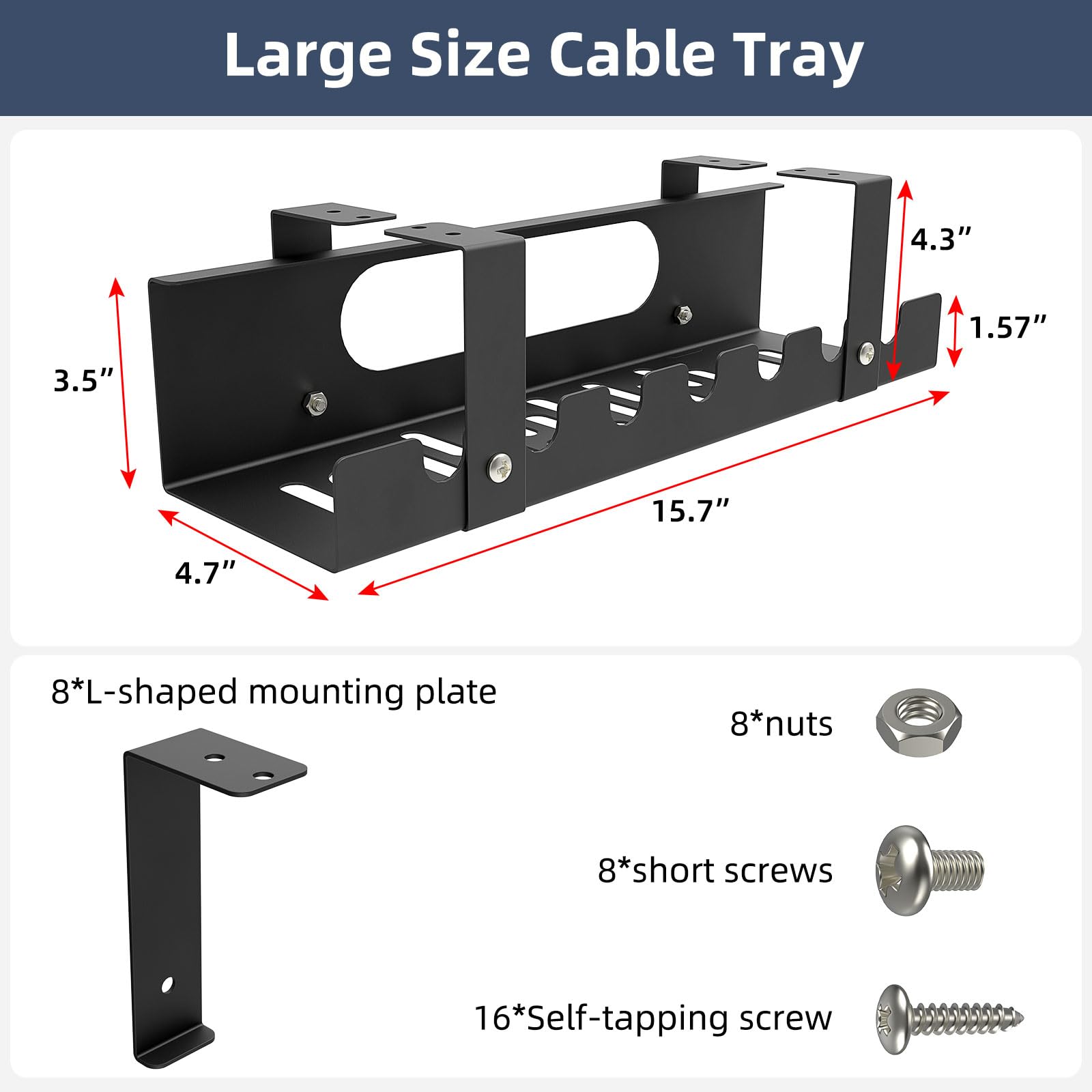 Paquete de 2 bandejas de gestión de cables debajo del escritorio, longitud ajustable (22 a 26 pulgadas), organizador de cables grande para bandeja de gestión de cables, organizador de cables debajo de