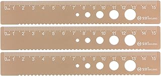 HARFINGTON 3pcs Straight Ruler 15cm Metric Aluminum Alloy Ruler Wave Edge with Hollow Circle Measuring Tool for Children Study Classroom Office, Wood Brown