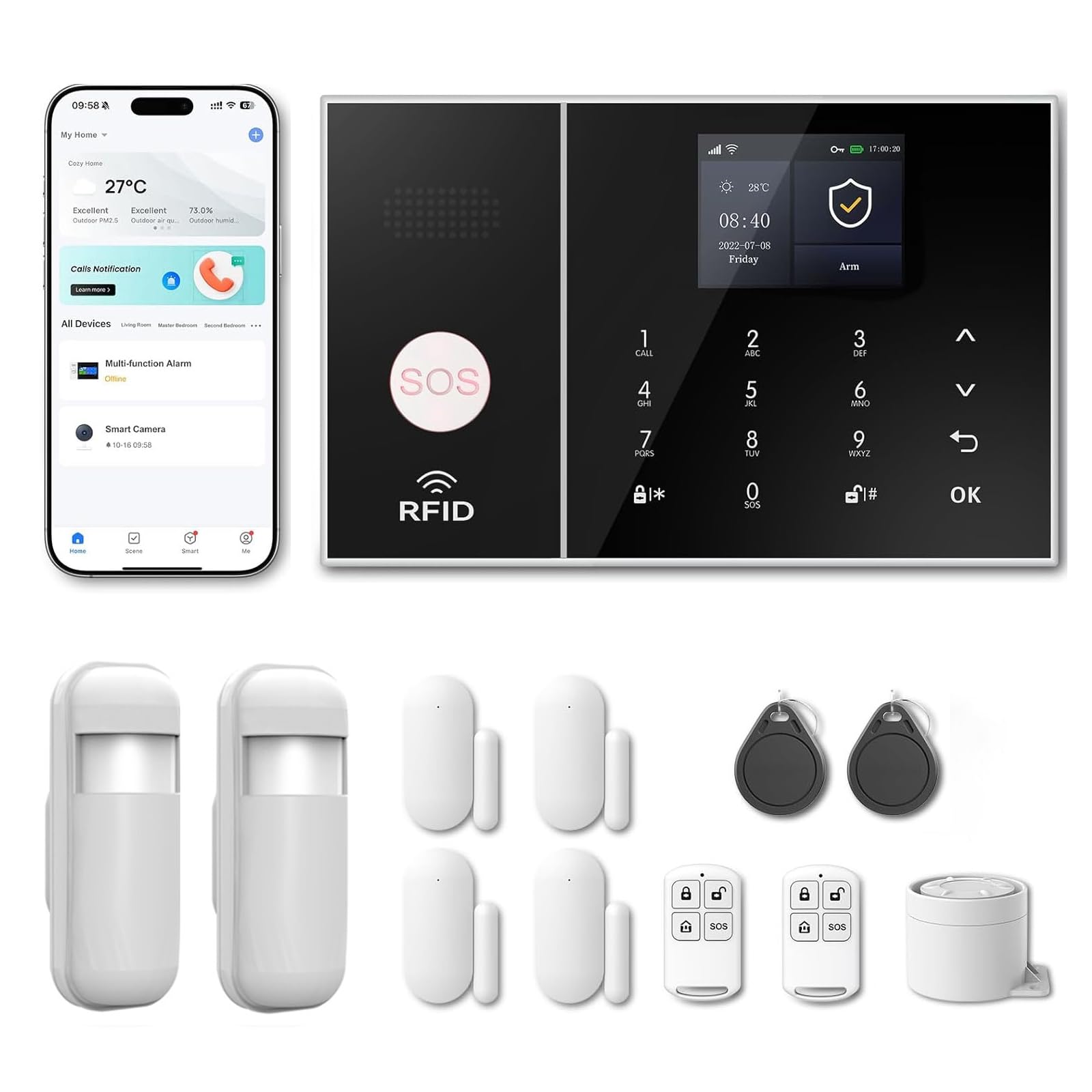 Sistema de Alarma para casa con WiFi + 4G gsm, Kit Alarma casa sin cuotas, notificaciones por App, Llamadas y SMS, Ampliable inalámbrico Compatible con Alexa y Google Assistant (Kit de 13)