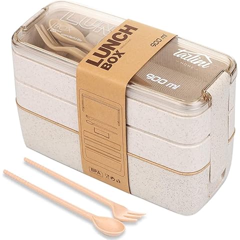 Bento Box for Adults Kids, 3-in-1 Meal Prep Container, 900ML Lunch Box with Compartments, Microwave & Dishwasher Friendly, Leak Proof, Includes Spoon & Fork, Lunch Boxes for Kids, BPA-Free (Beige) Cover