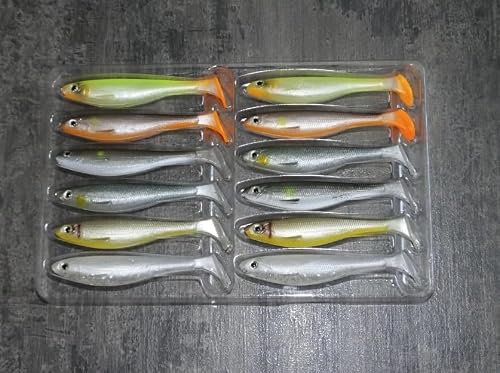 Foto von AMZfishing® 12 Stück 9cm UV-aktive Gummifische Set | Premium Gummifische | Gummifische für Hecht | Gummifische für Zander | Raubfischangeln | Gummiköder | Hechtköder | Gummifisch Hecht | Zanderköder