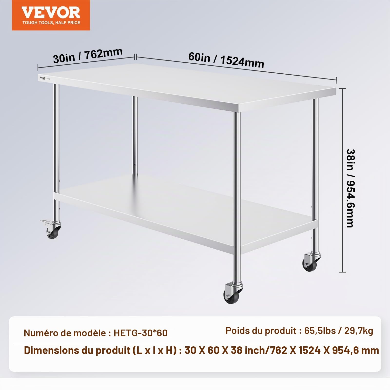 VEVOR Table de Travail en Acier Inoxydable 76,2x152,4x95,5 cm, Table de Préparation des Aliments avec roulettes, 3 Niveaux de Hauteur Réglables, Meuble de Rangement, pour Restaurant Maison Bar