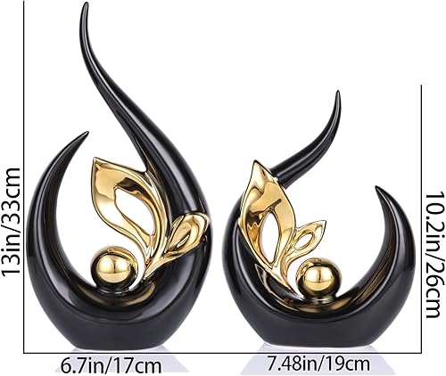 Miniatura 2 de DOVDOV Juego de 2 estatuas abstractas de cerámica negra y dorada para decoración del hogar, mesas de café, estantes, centros de mesa de comedor
