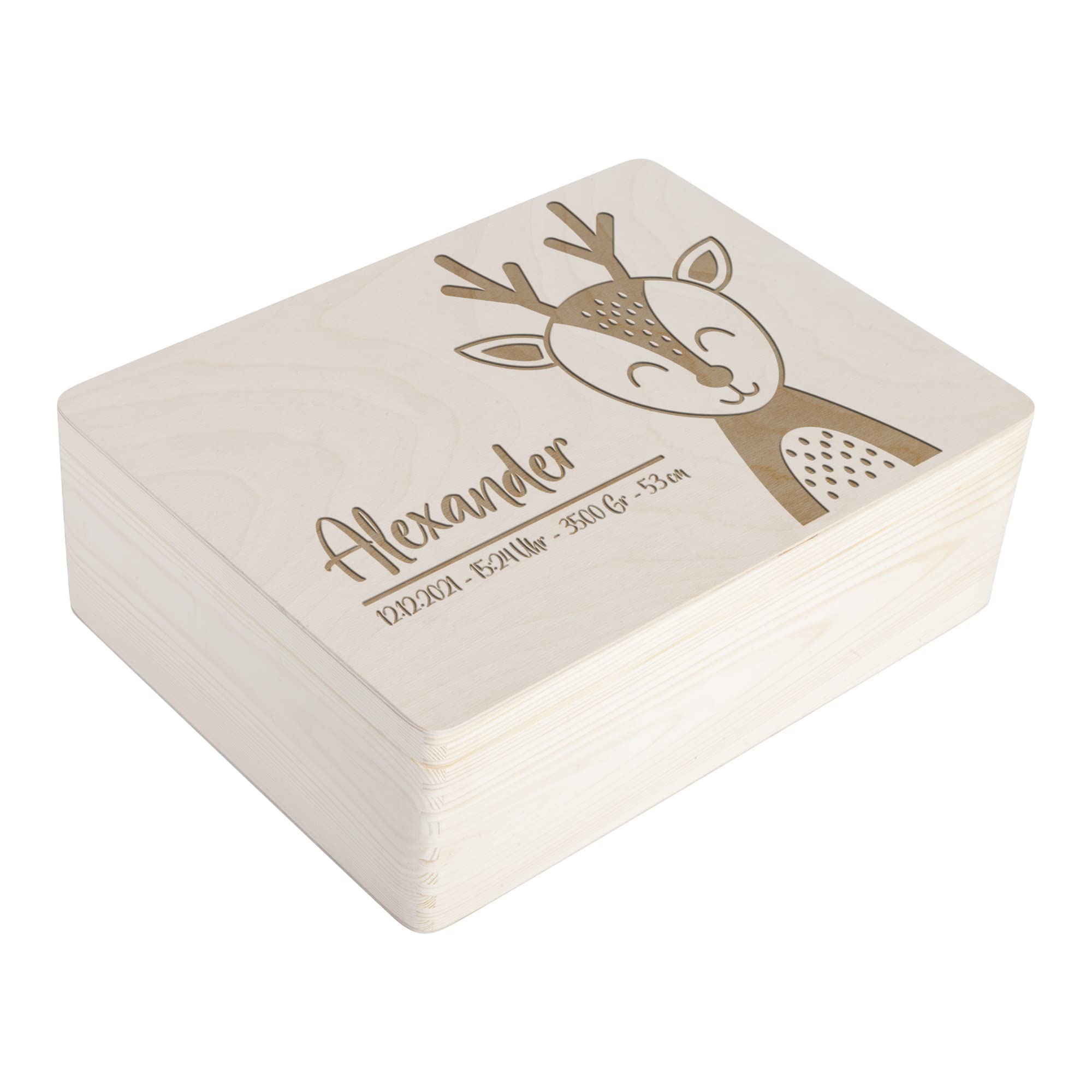 Niedliches Reh | Erinnerungsbox zur Geburt - Personalisierte Geschenke für Jungen & Mädchen - Aufbewahrungsbox, Erinnerungskiste, Holzkiste, Geschenkbox | mit Deckel - 40x30x14 cm