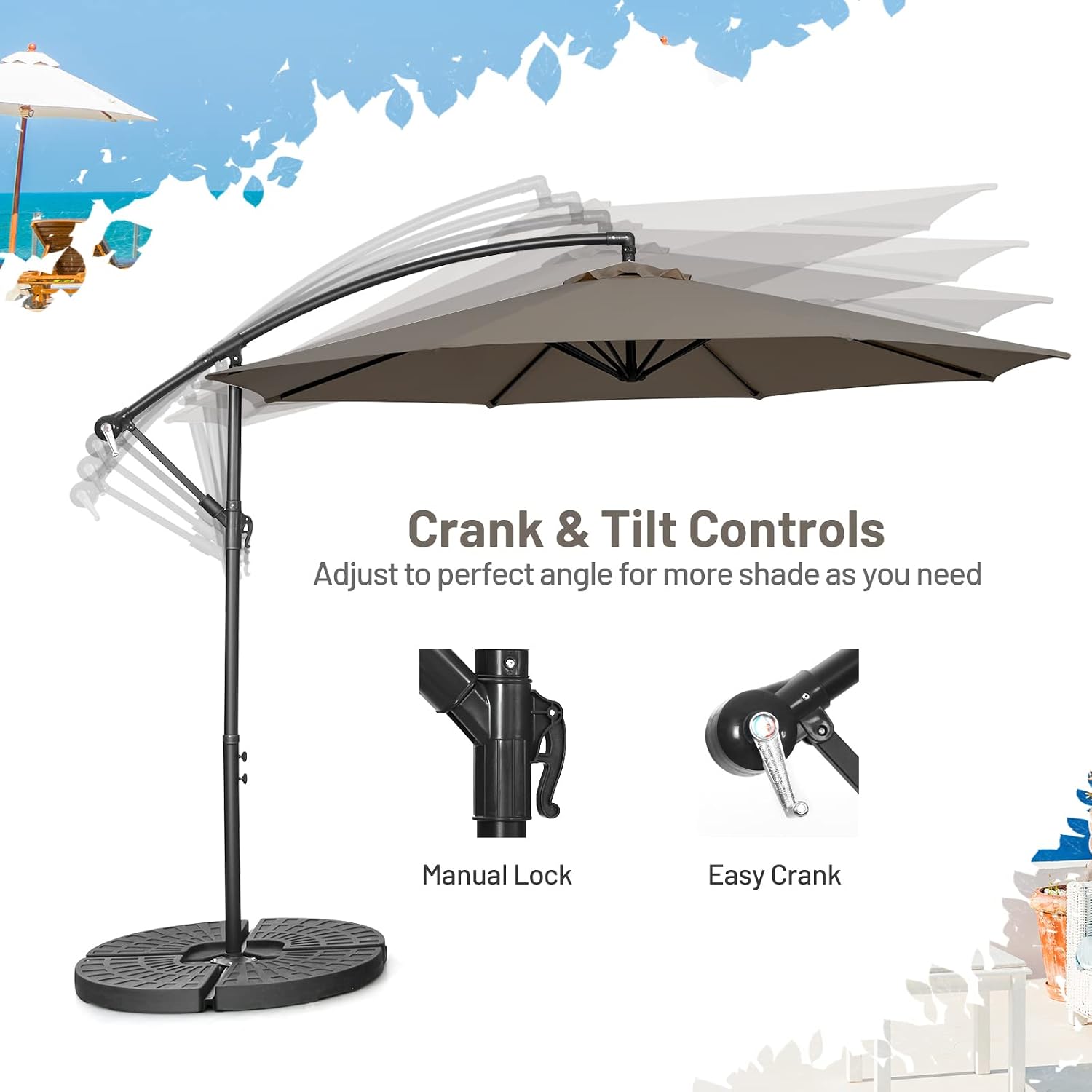 Tangkula 10 FT Cantilever Patio Umbrella, Offset Outdoor Umbrella with Cross Base, Crank Handle, 8 Ribs for Market Garden, Poolside and Backyard (Tan)