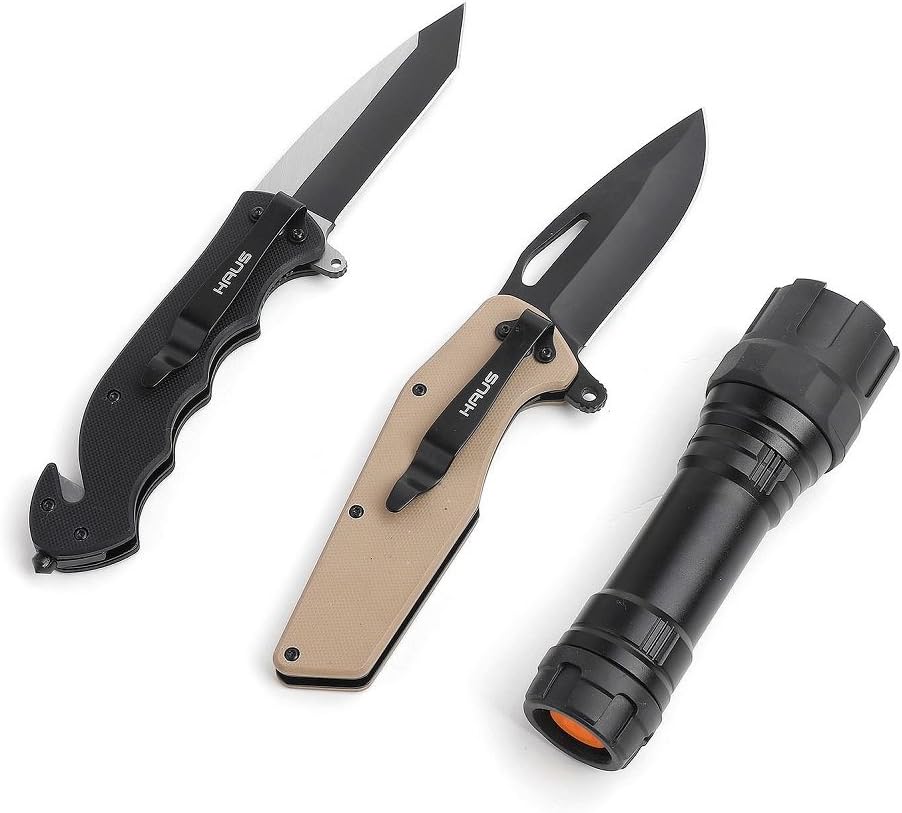 HAUS Folding Knife and Flashlight 3-Pc Set