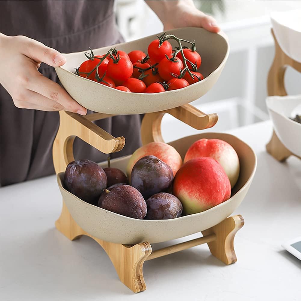 Mangoton 2 Tier Ceramic Fruit Bowl For Kitchen Counter, Bamboo Fruit Basket for kitchen, Large Capacity Vegetable Storage Stand for Fruit Snacks Bread Candy Storage Rack Holder, Pottery Large : Home & Kitchen