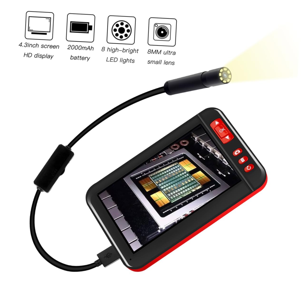 OUNONA Écran Lcd Industriel de 4 3 Pouces de Diamètre 8 Mm pour L'inspection Du Moteur L'entretien Des Voitures Et L'endoscope