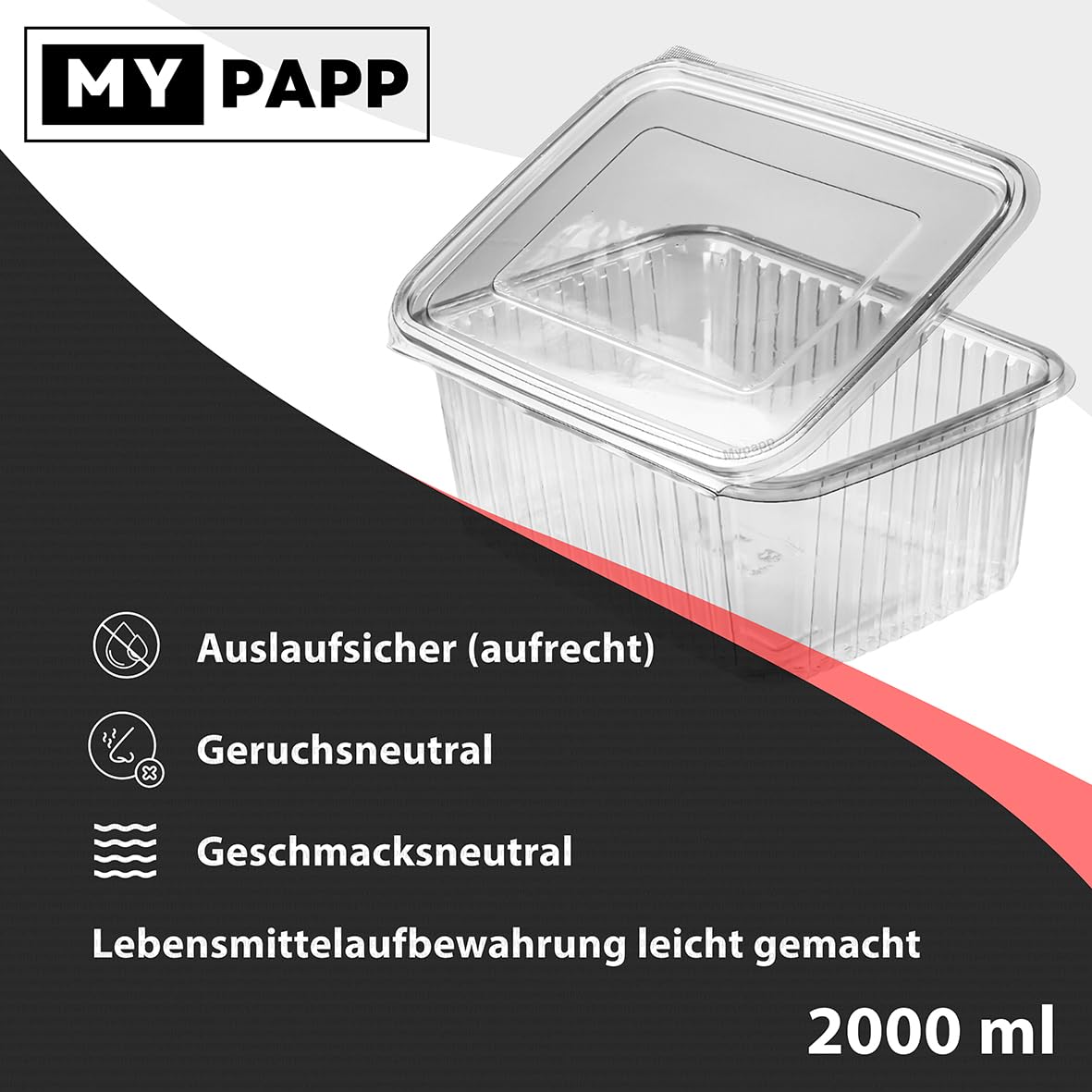 100 pezzi bicchieri rettangolari trasparenti con coperchio 2000 ml (PET)
