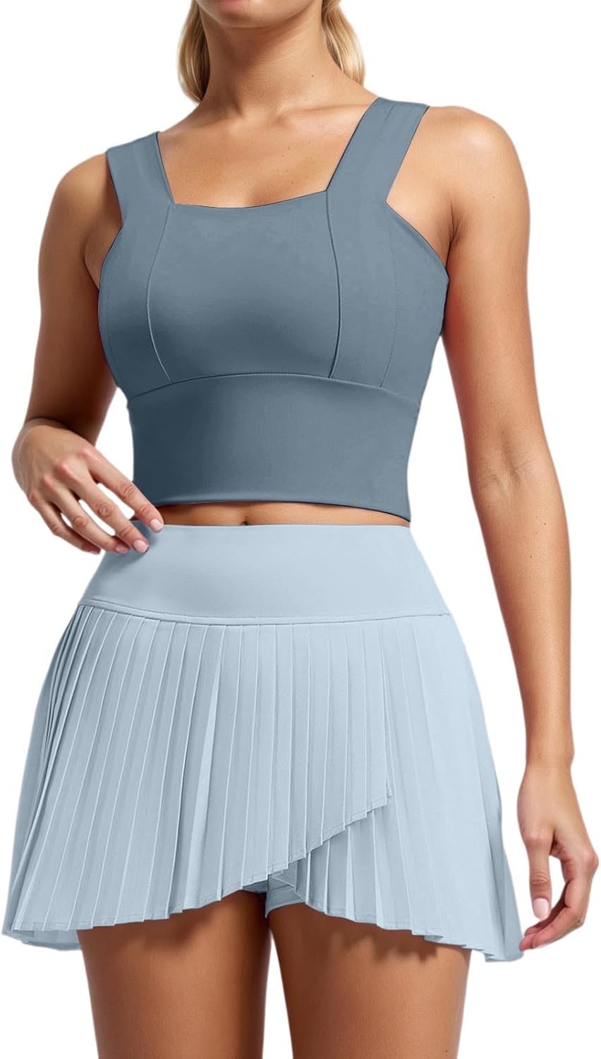 Athletic Dress Tennis Dresses Golf Workout Outfit Spleated Active Skort Set with Shorts Underneath,Pockets