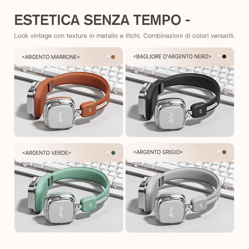 iKF R2 Cuffie Wireless retro, Over Ear Bluetooth, 60 ore di riproduzione, microfono integrato, isolamento acustico, ricarica rapida, leggero, design vintage sovraurale Throwback 80-90 (Nero)