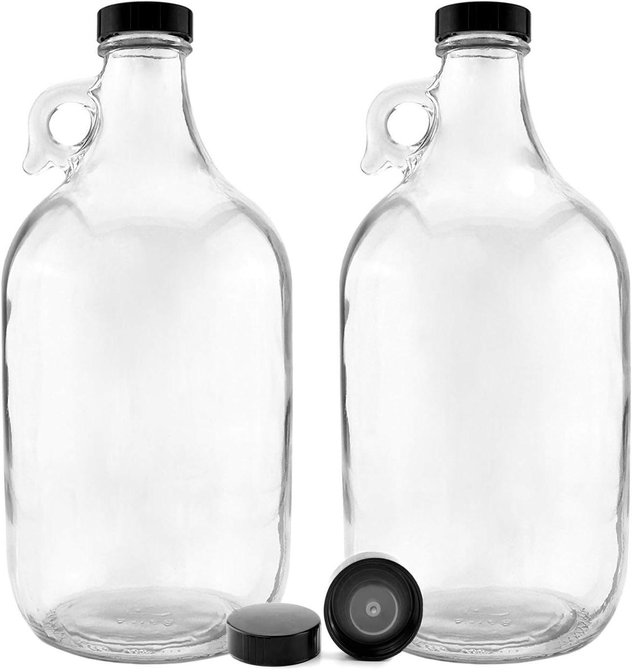 nicebottles Clear Glass Handled Jugs, Half-Gallon, Pack of 2 with Extra PolyCone Caps