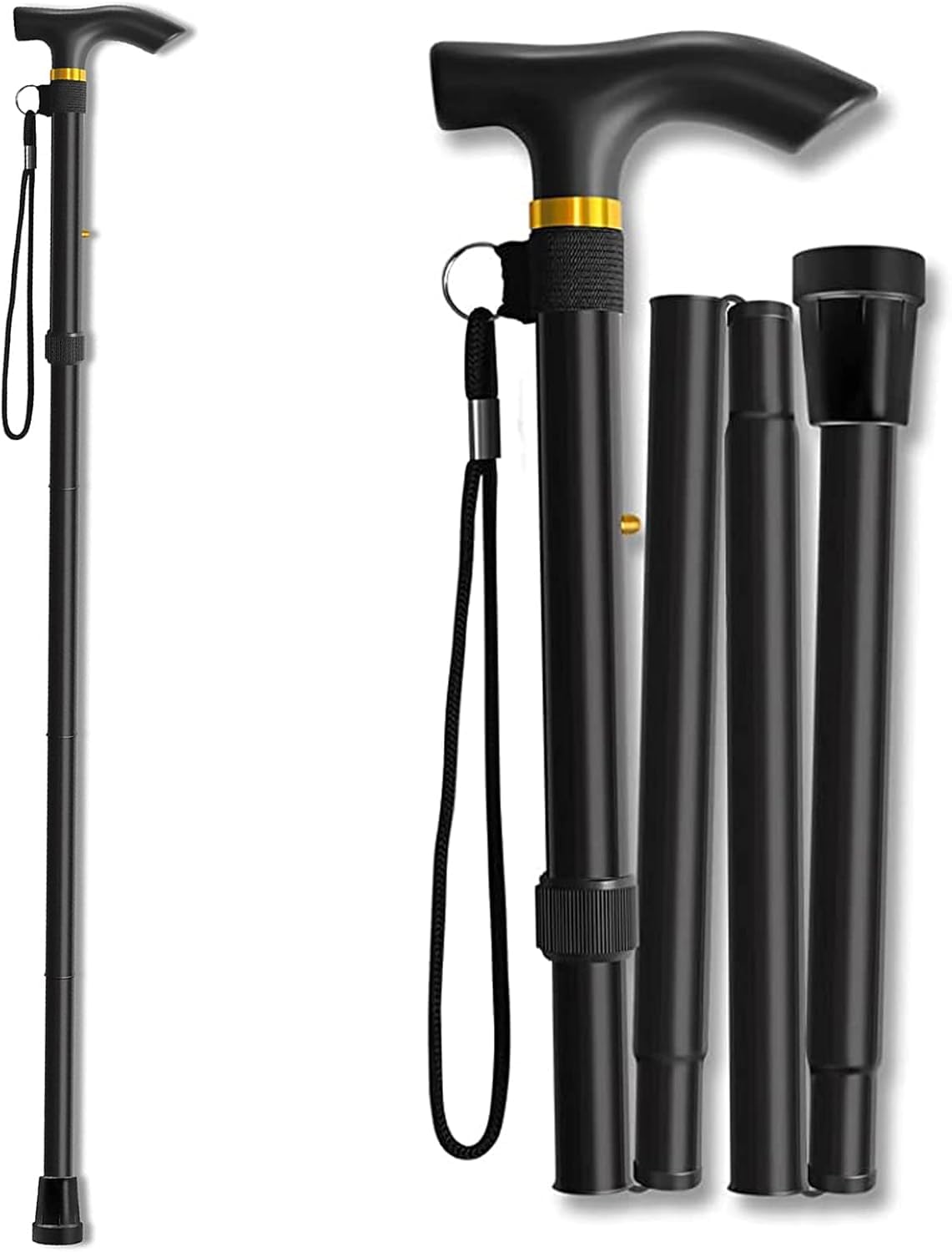 4 Folding Sections Aluminium Foldable Walking Stick Adjustible Height, for Men, Women & Old People Support, Trekking Cane Stick, Easy to Store (Black)-image-16