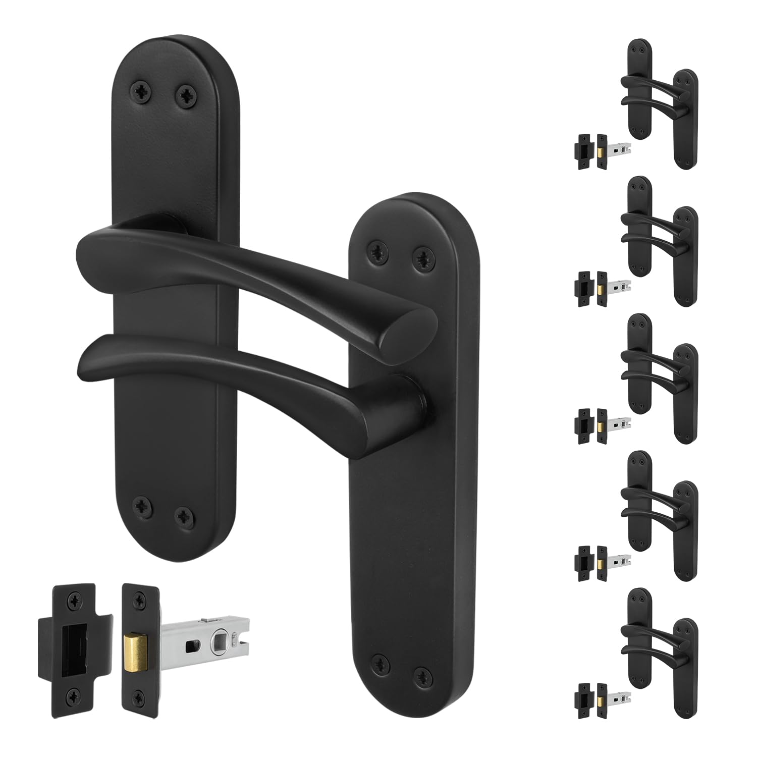 EAI Black Door Handle Latch Set, 6 Pairs of Matt Black Internal Lever T-Bar Handles Backplate Latches 64mm - Novoli