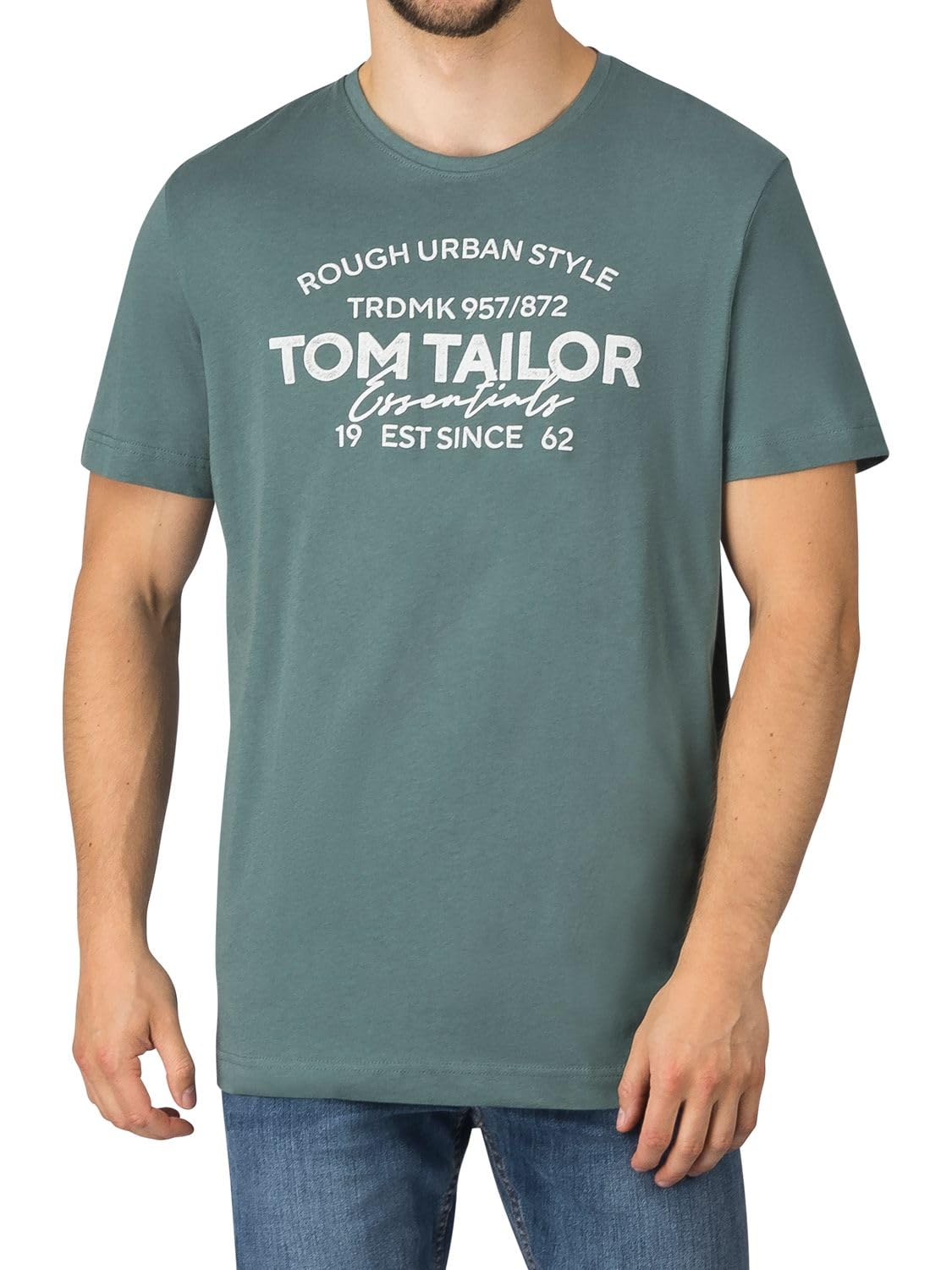 TOM TAILOR Camiseta para hombre, paquete de 4 unidades, cuello redondo, manga corta, corte regular, estampado de verano, 100% algodón, negro, blanco, verde, rojo, azul, gris