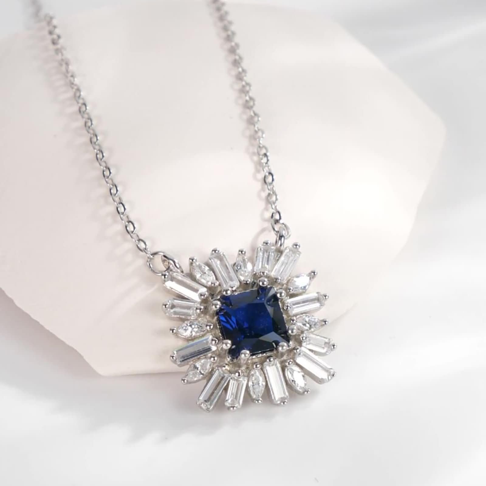 9K / 14K / 18K White Gold Necklace Women, Flower & Square with Created Sapphire and Moissanite, Pendant Silver Blue Women's Necklace