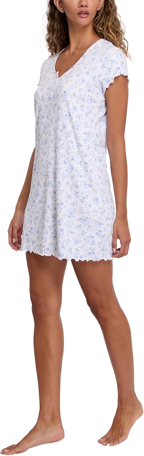 Laura Ashley Women's Nightgown Ribbed Knit Short Sleeve Henley Sleepshirt - Image 3