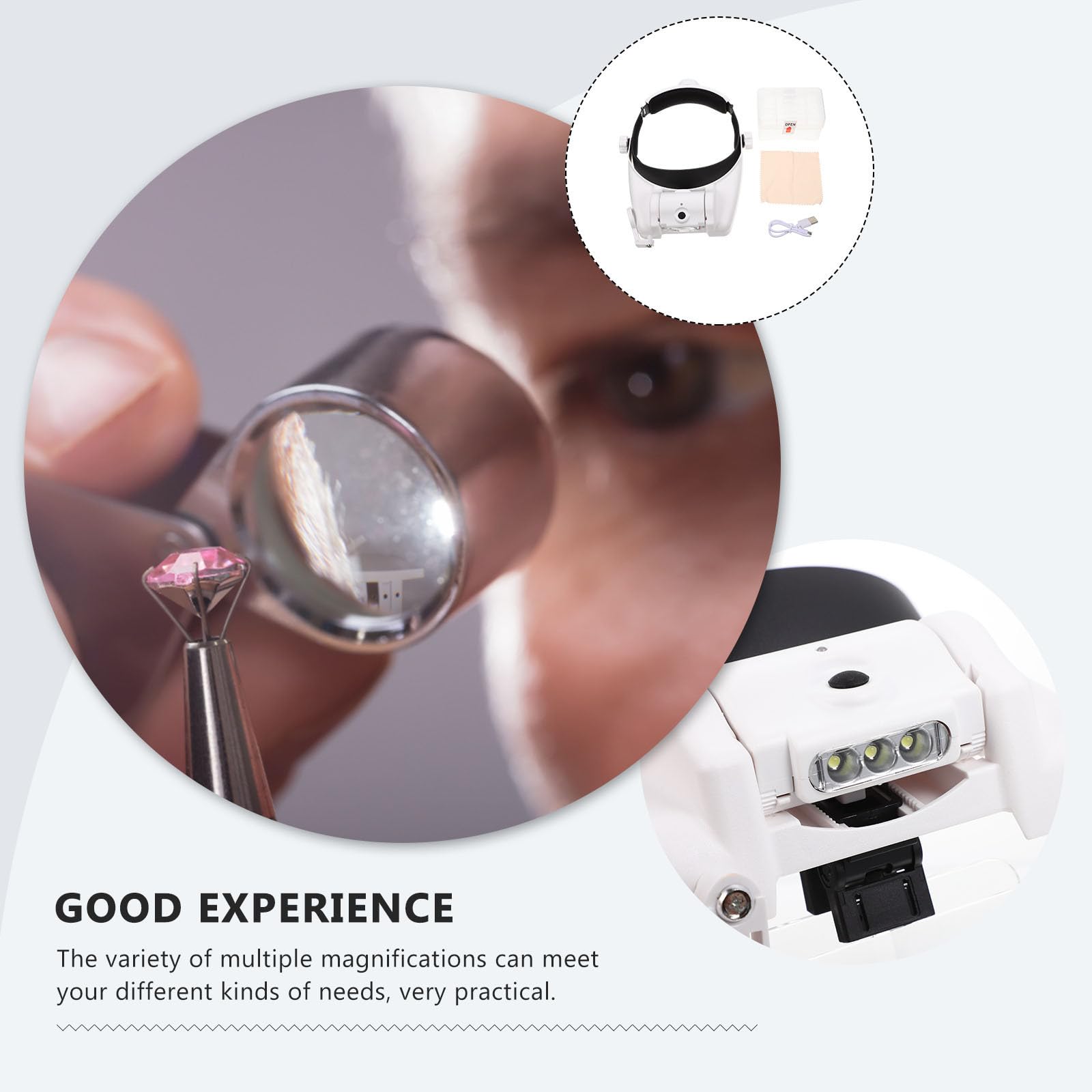 ULTECHNOVO Lupa Montada Cabeza Diseño Cómodo de Plástico y Vidrio con Luz LED 1 Set Práctico para Identificación de Joyas y Extensión de Pestañas