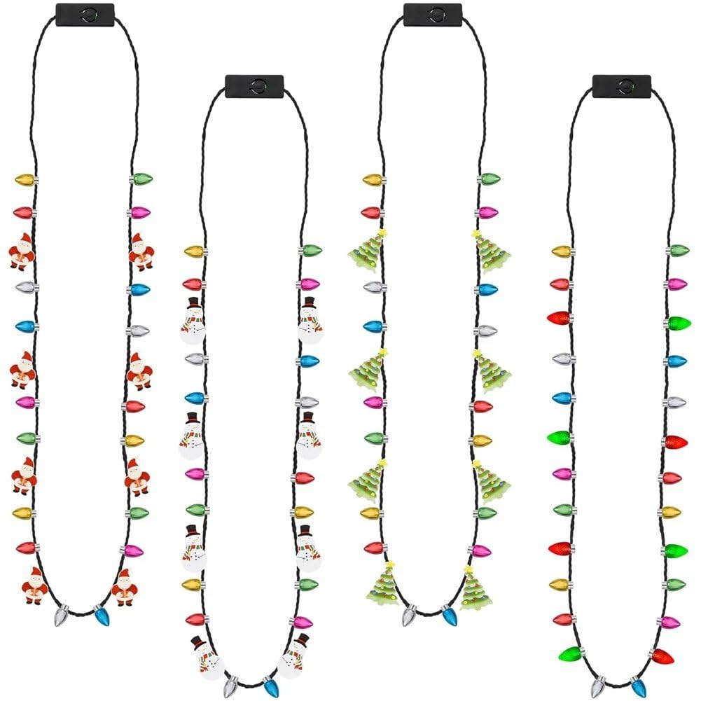 Fituenly A Christmas Necklace, 4Pcs Light Up Christmas Necklace, Glowing Bulb Christmas Tree Sant Candy Cane Necklaces, Colorful Christmas Party Favors, Ugly Xmas New Year Eve Party