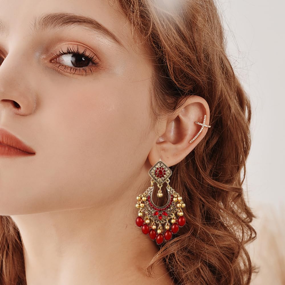 Bollywood Jhumka Earrings for Women Vintage Gold-Tone Plated Chandelier Drop Earring Hook Cubic Zirconia Beaded Design Dangle Tassel Statement Boho Indian Jewelry for Festival Wedding Holiday - Image 3