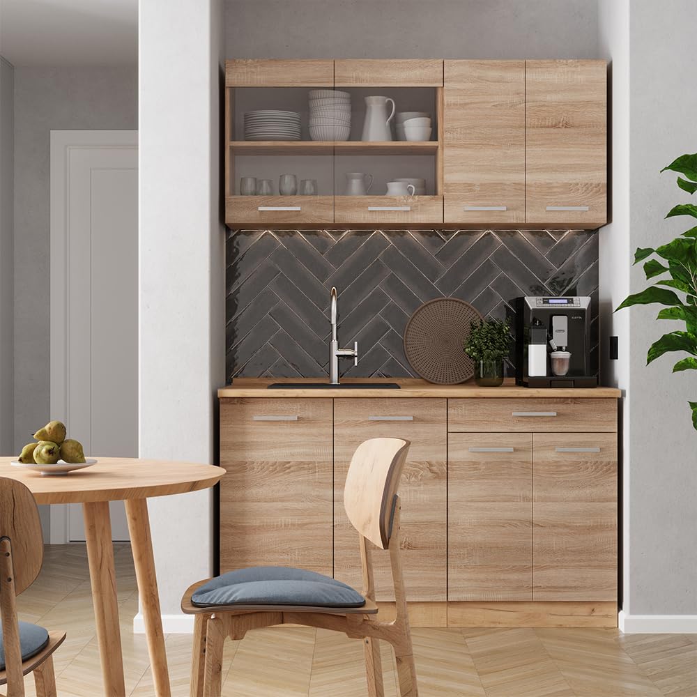 Vicco Single Küche R-Line, Sonoma/Goldkraft Eiche, 140 cm, AP Anthrazit, geeignet für freistehende oder wandnahe Montage