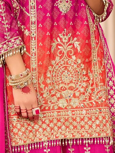 Image of INDO ERA Women's Silk Blend Embroidered Straight Kurta & Palazzo with Dupatta Set (IEOUT10598)