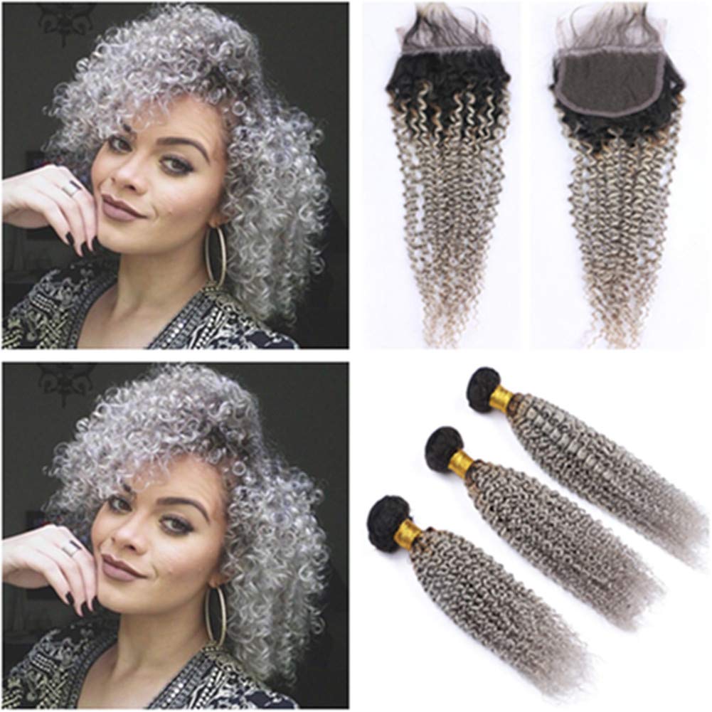 Amazon.com : #1B/Grey Ombre Kinky Curly 3 Bundles Brazilian Virgin Hair  Black Roots and Closure Ombre Silver Grey Kinky Curly 4x4 Lace Front  Closure with Weaves 4Pcs Lot (10 10 10 with
