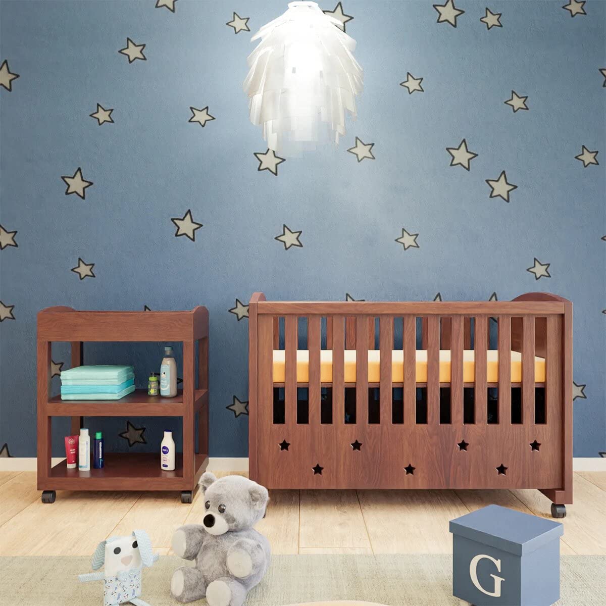 TBS Starry Night Theme Cot Set for Baby| (Cot with Changing Table) | Finish - PU| Size -51 x 27 Inches| Color -Brown