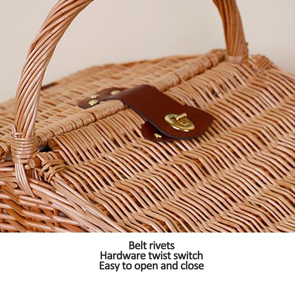Cesta de picnic para 4 – Cesta de picnic de mimbre con tapa, asa y forros, cesta de la compra de sauce, juego de picnic, accesorios completos de picnic para picnics, fiestas y barbacoas