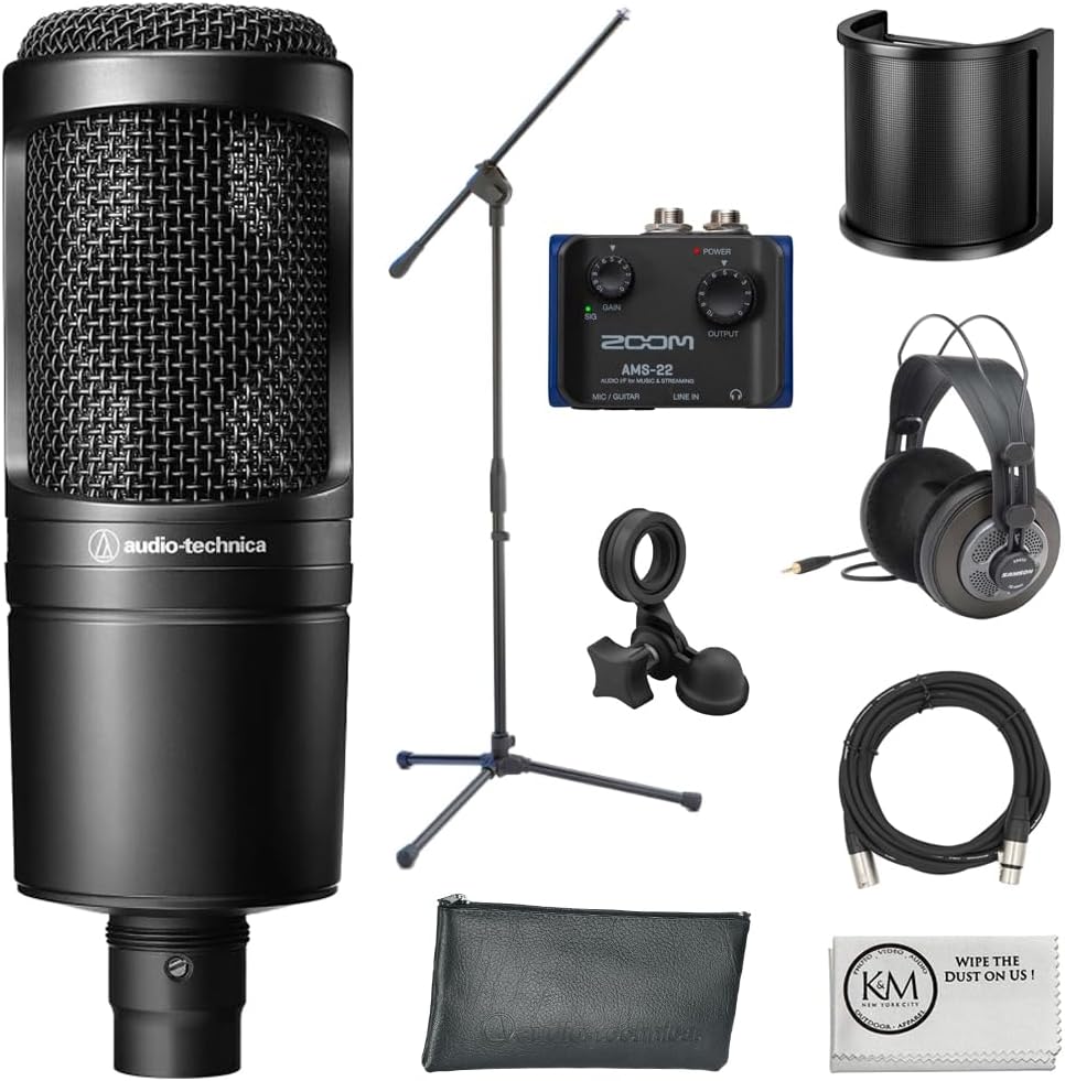 AT2020 Cardioid Condenser Microphone Bundle with Audio Interface + Studio Headphones + Microphone Stand + Pop Filter + XLR Cable + Cleaning Cloth (7 Items)