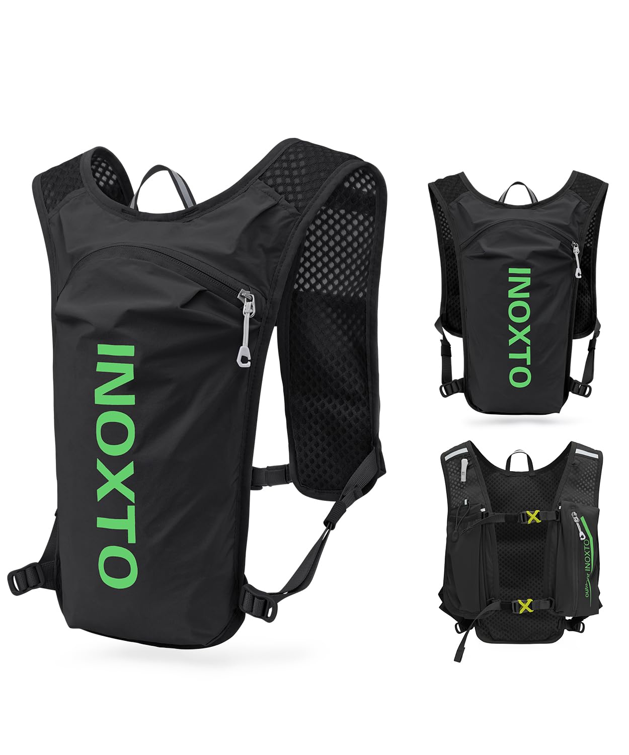 INOXTO Laufrucksack, 5L Leichter Trinkbeutel, geeignet für Outdoor-Wandern, Radwettbewerb, Bergsteiger-Trinkweste, Rucksack, Herren und Damen (Schwarz und grün)