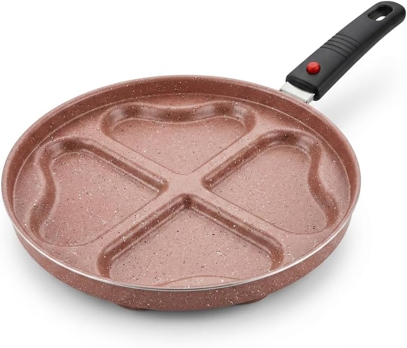 Papilla Redio Romantik 24 cm Kalpli Pankek ve Omlet Tavası - 4 Gözlü, Çıkarılabilir Saplı Yanmaz Yapışmaz Bölmeli Tava (PEMBE)