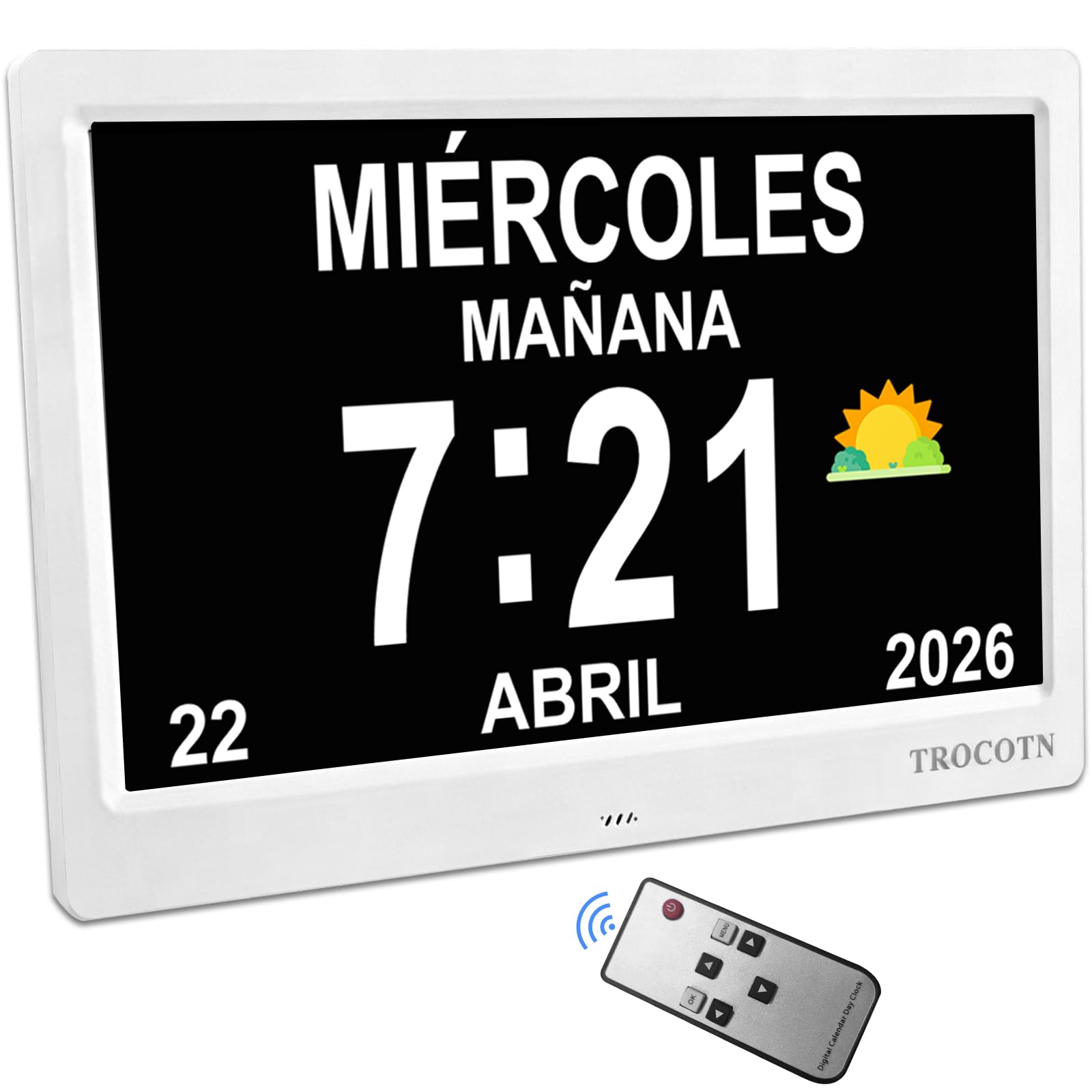 TROCOTN Reloj Digital Grande para Personas Mayores - Calendario Con Alarmas Personalizadas, de Pared Con Día y Fecha, Despertador, de Escritorio (10 Pulgadas, Blanco)