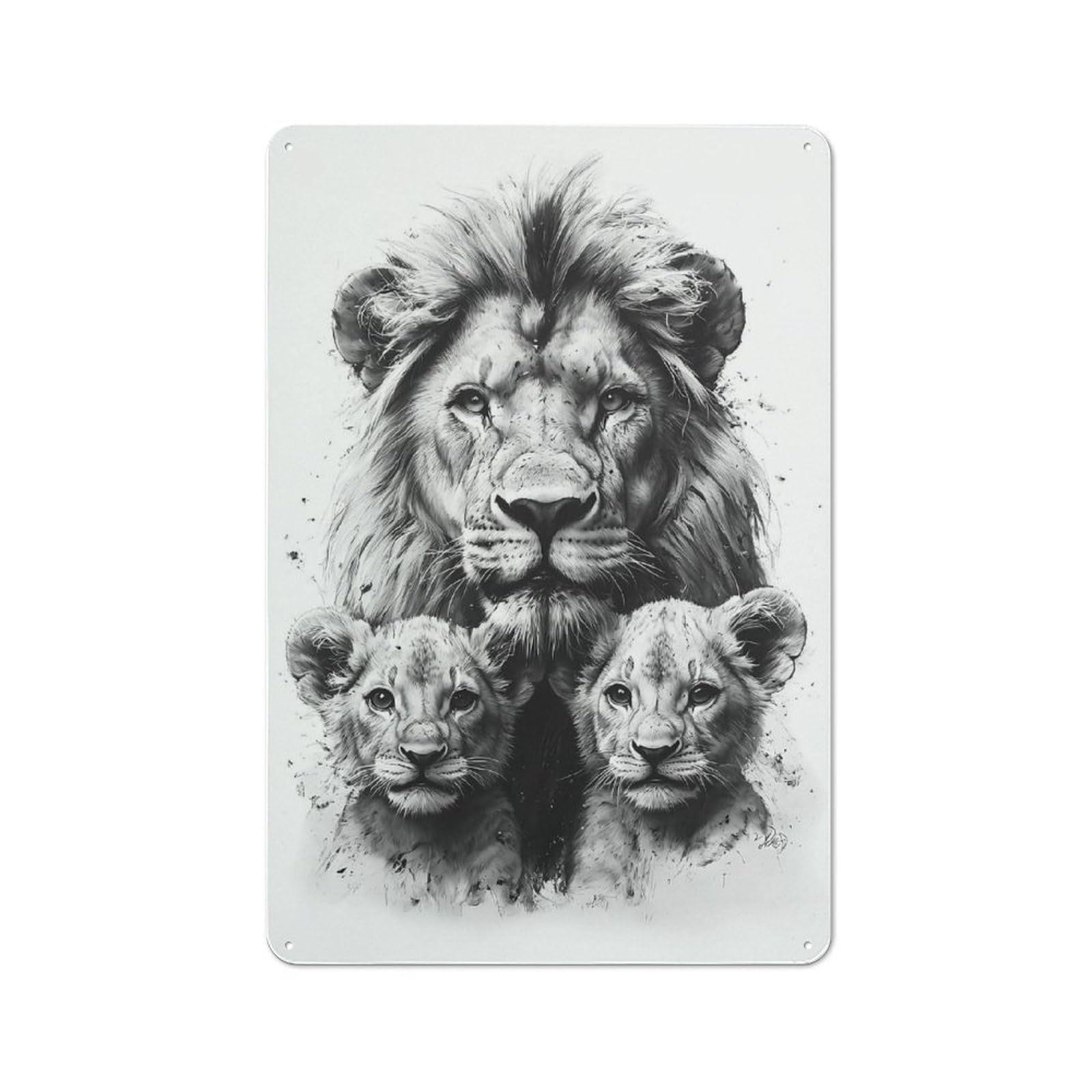 Tin Sign with Lion Family Portrait Design 30x20cm, Classic Studio Wall Plaque for Workspace, Cafe, Shop Or Desk Area