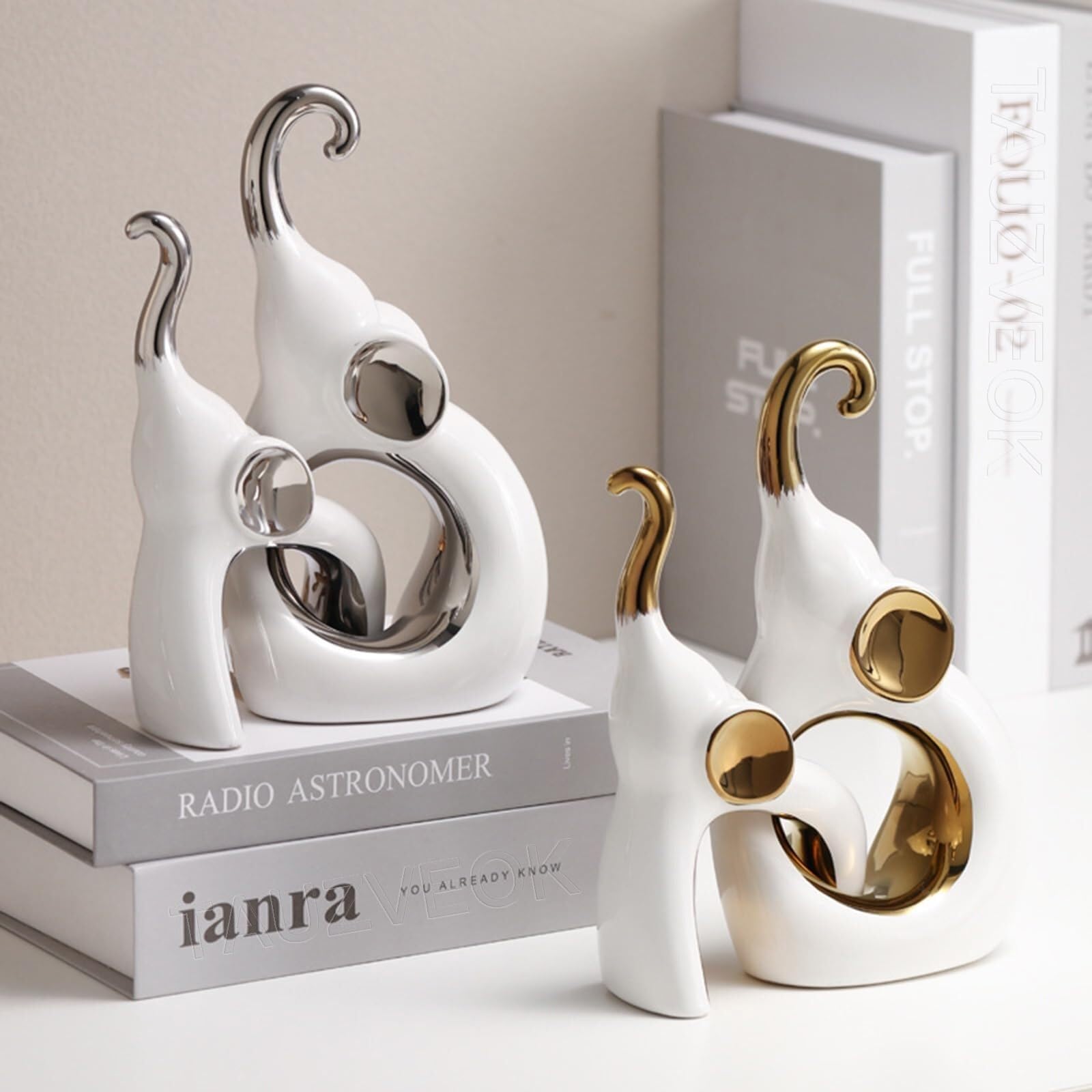 Regalos para Mujeres Elefante Deco Escultura Estatua De Cerámica Moderna Decoración para estanterías(Gold)