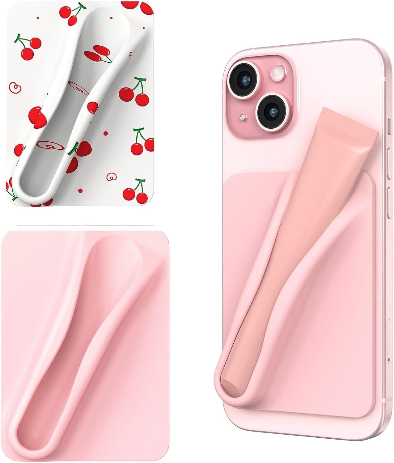 DOB SECHS 2 PCS Silicone Lip Holder Compatible with Rhode, Lipstick Lip Sleeve Stick On Phone Case Back for iPhone and Android Phones, White and Cherries, Pink