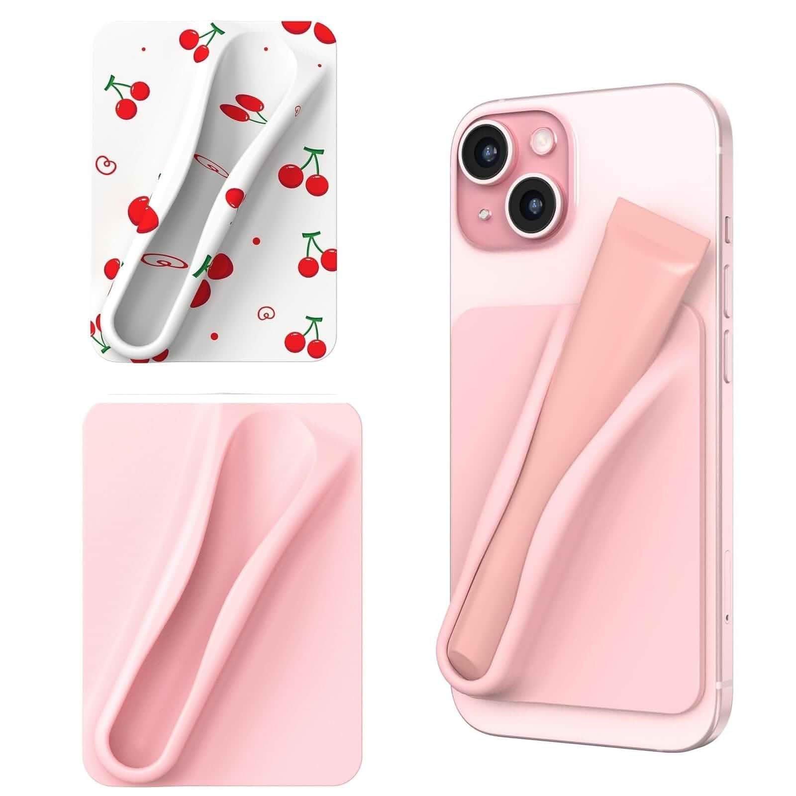 DOB SECHS 2 PCS Silicone Lip Holder Compatible with Rhode, Lipstick Lip Sleeve Stick On Phone Case Back for iPhone and Android Phones, White and Cherries, Pink