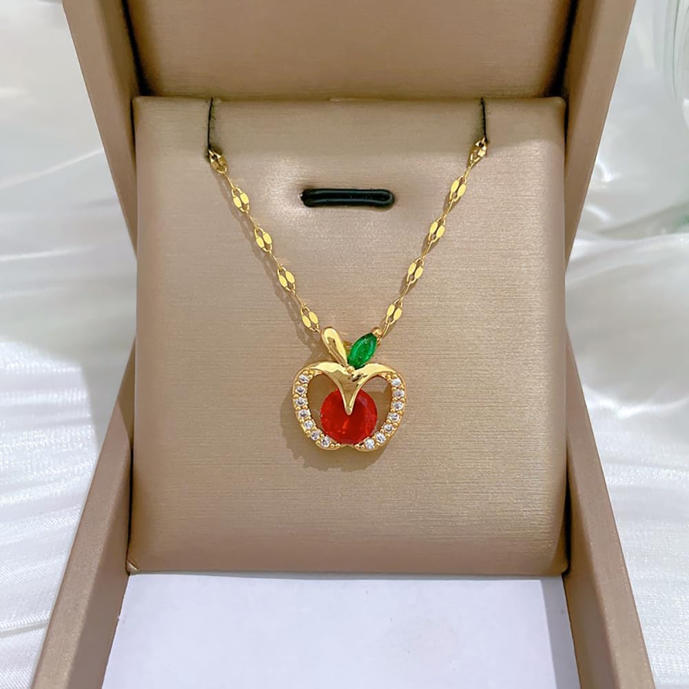 Hollow Apple Pendant Necklace Stainless Steel Dainty CZ Crystal Fruit Adjustable Necklaces Exquisite Christmas Eve Jewelry Gifts for Women Mother Chain 18inch - Image 5
