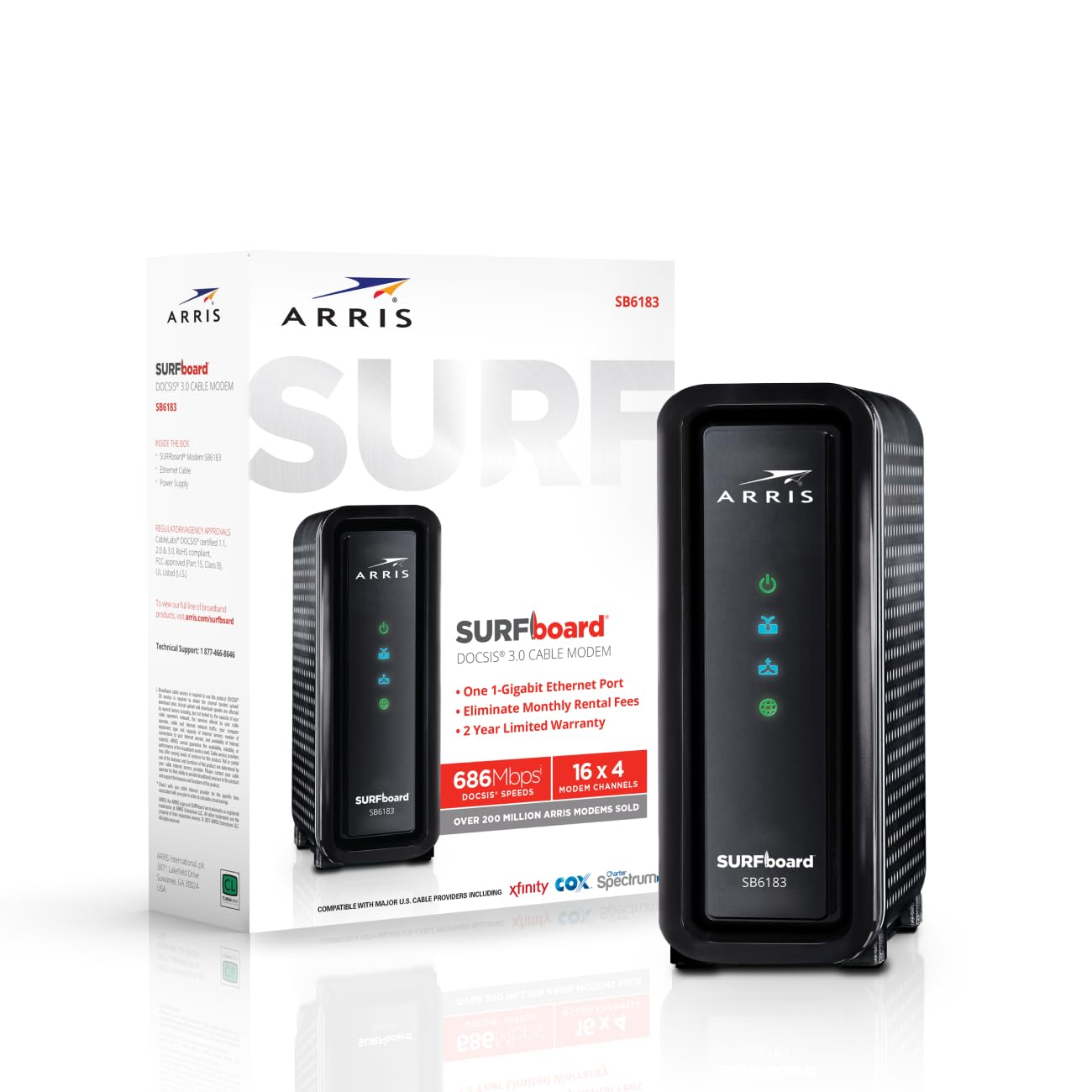 ARRIS (SB6183) Cable Modem - Fast DOCSIS 3.0 16x4 Gigabit Cable Modem, For Comcast Xfinity, Cox, Spectrum and more, 1 Gbps Port, 400 Mbps Max Internet Speed, 2 Year Warranty