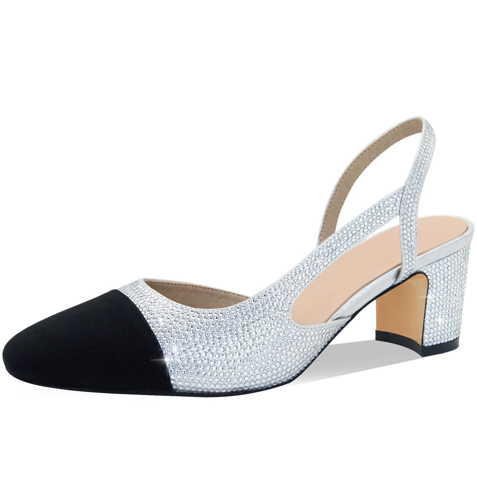 MICIFA Slingback Heels for women，Round Toe Chunky Heeled Pumps Ankle Strap Fashion Splicing Dress Shoes