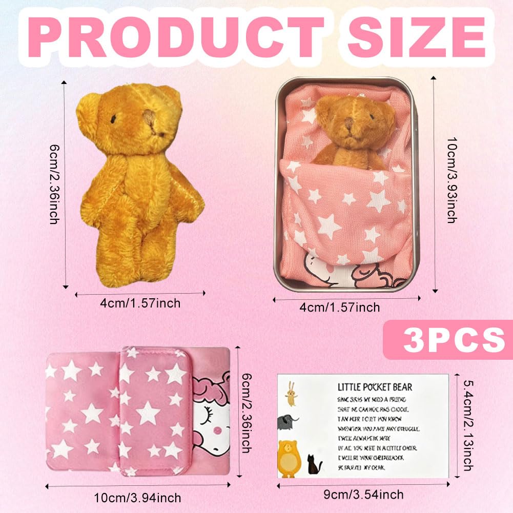 Copbopwn Mini Plush Pocket Bear Teddy in a Tin Box Small Teddy with Sleeping Bag Gift Card Little Pocket Bear Doll Hug Love Emotional Comfort Companion for Birthdays Christmas Kids Friends (Brown) - Image 2