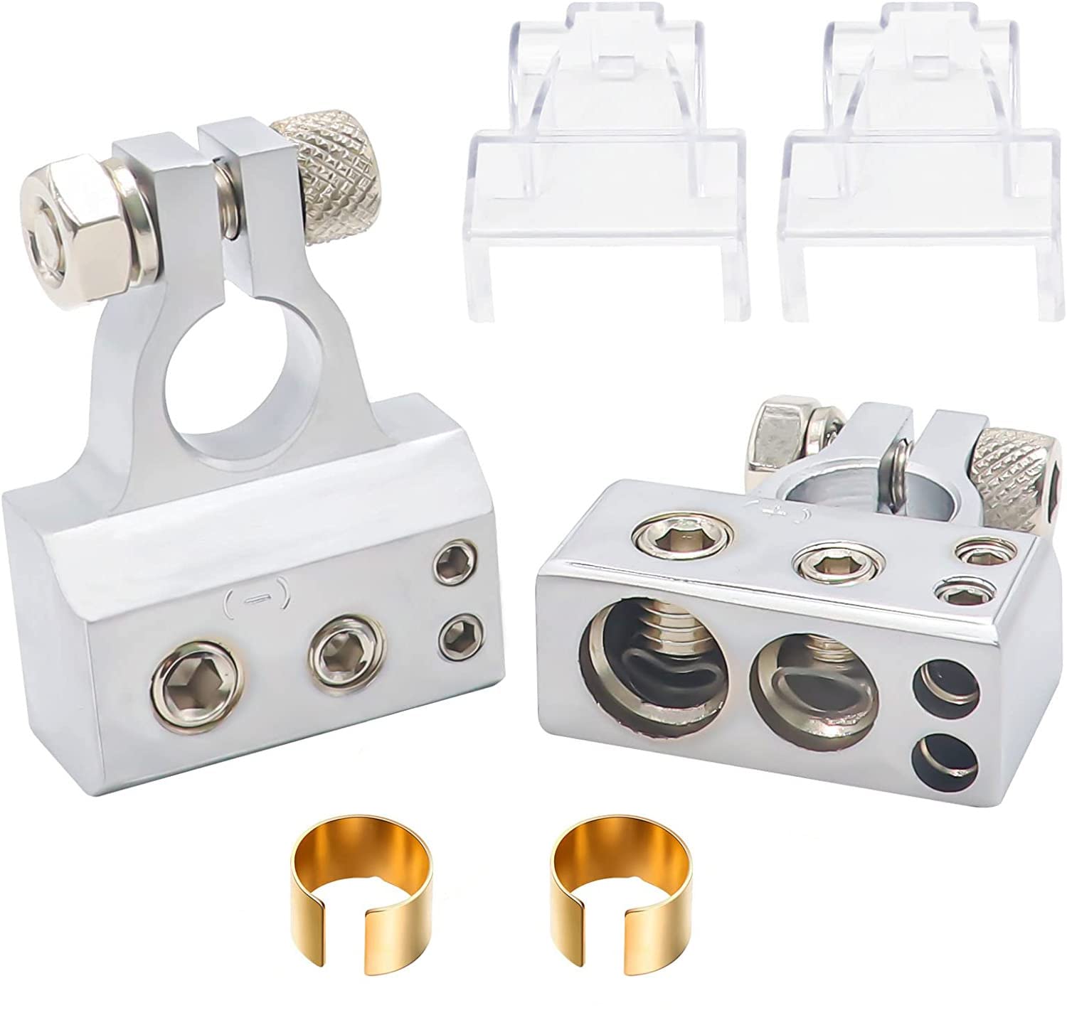 HUAZIZ Kit Connettori Terminali per Batterie Autoargento,2/4/8/10AWG Sezione Positivo e Negativo Della Batteria Terminale Morsetto e Spessori (coppia) +/- Batteria Terminali per Barca, Caravan 2Pz