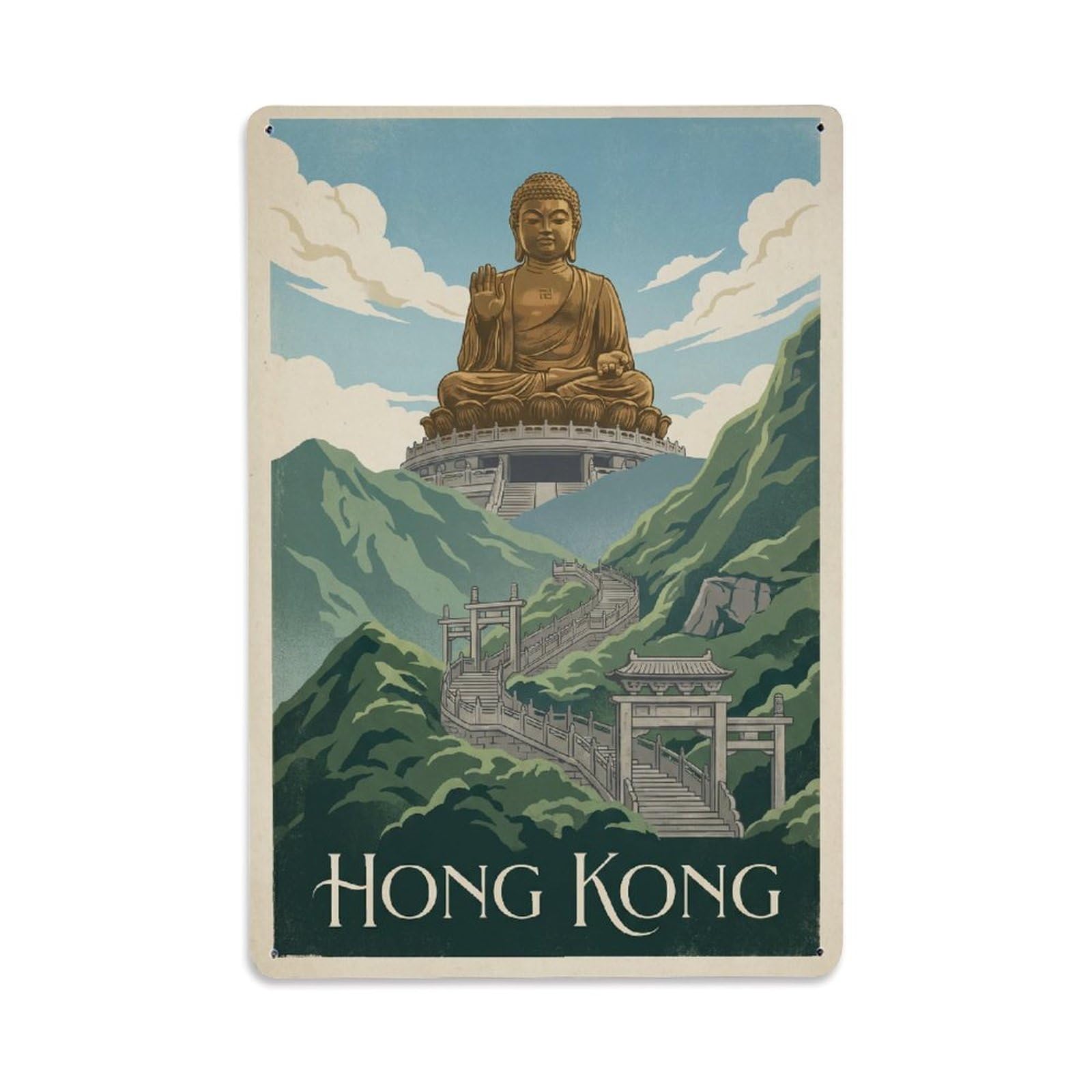 Gead 8X12inch Style Vintage Travel Hong Kong Buddha Metal Tin Sign
