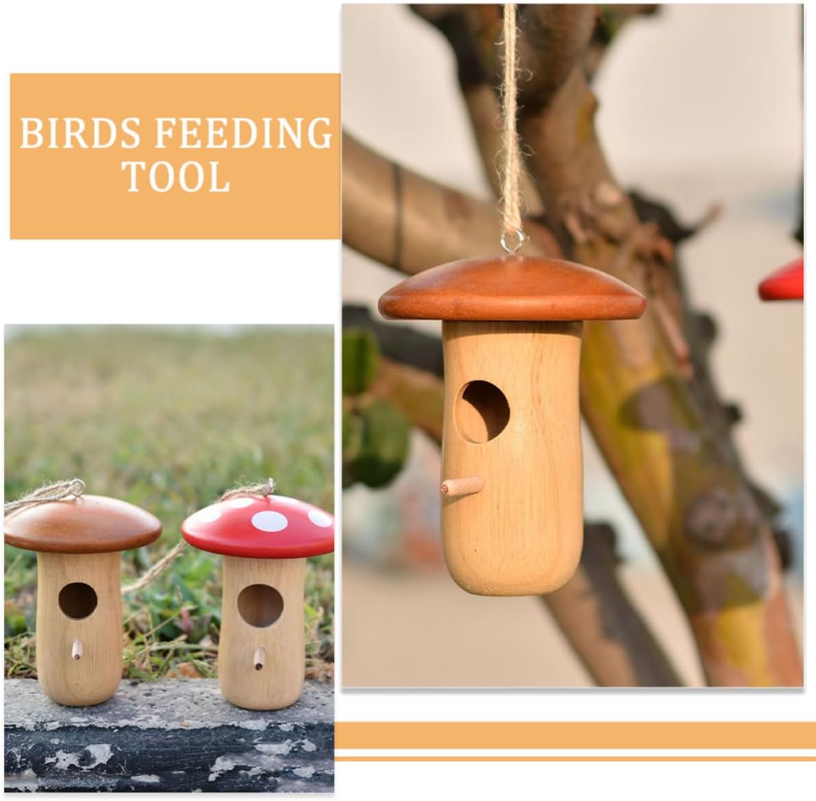 Wood Mushroom Hanging Hummingbird Feeder for Garden Porch Use image 3