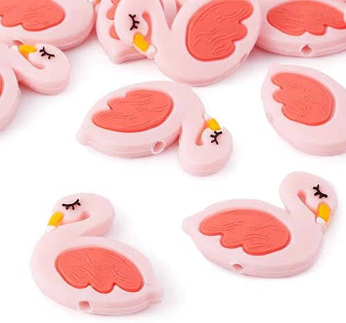 Miniatura 2 de Beadthoven - 10 cuentas de silicona de flamenco rosa de 1.188 pulgadas (1.181 in) cuentas de animales de pájaro DIY pulsera collar cuentas focales