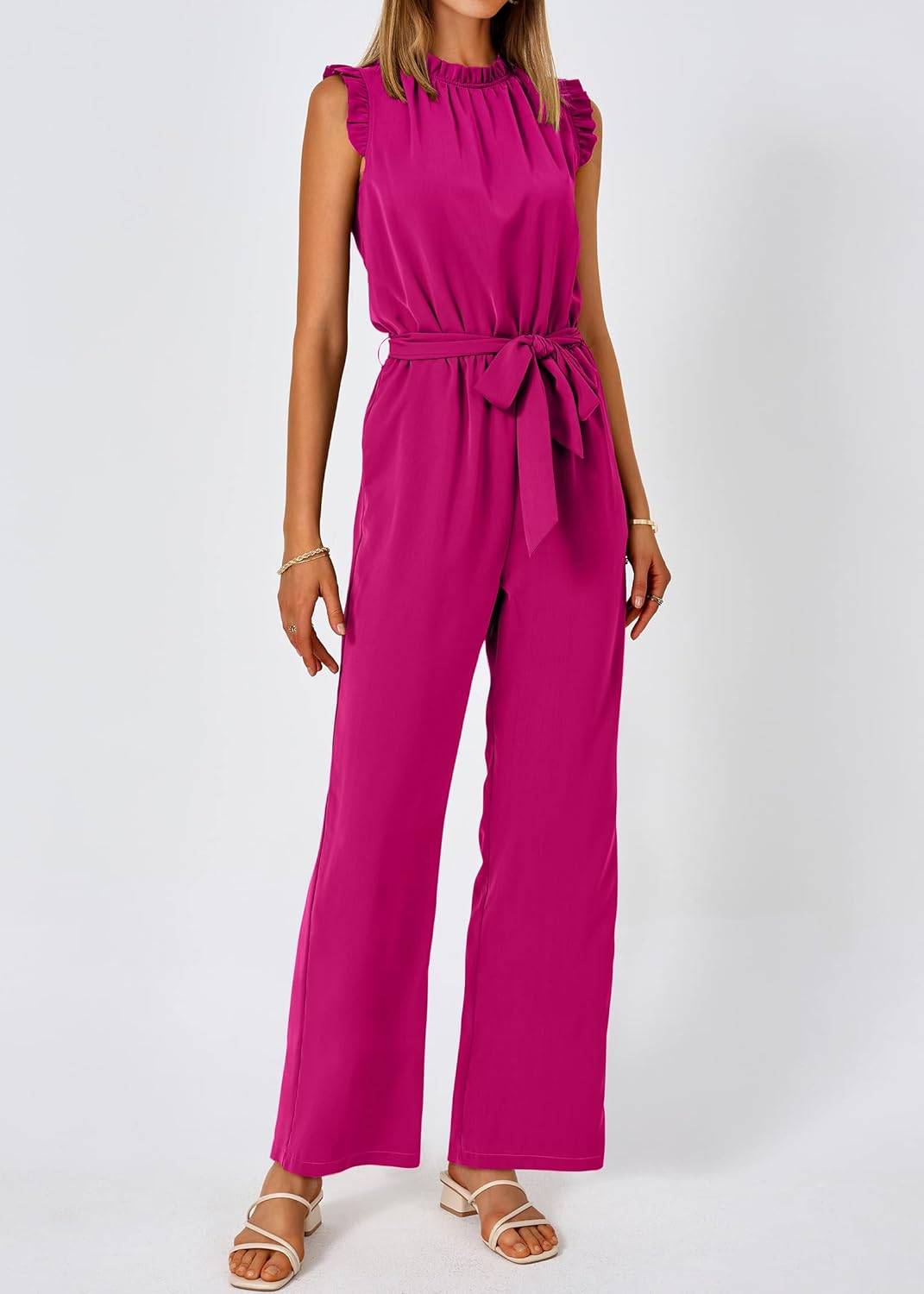 KIRUNDO Jumpsuits For Women Dressy Summer One Piece Sleeveless Ruffle Mock Neck Belt Pockets Formal Wide Leg Pants Romper - Image 3