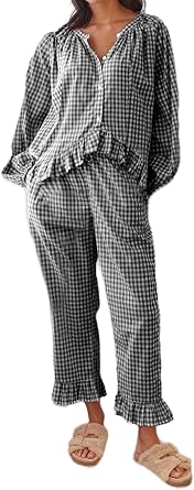 Women Y2k Gingham Pajama Sets Puff Sleeve Babydoll Shirt and Ruffle Hem Pants Plaid 2 piece Lounge Set